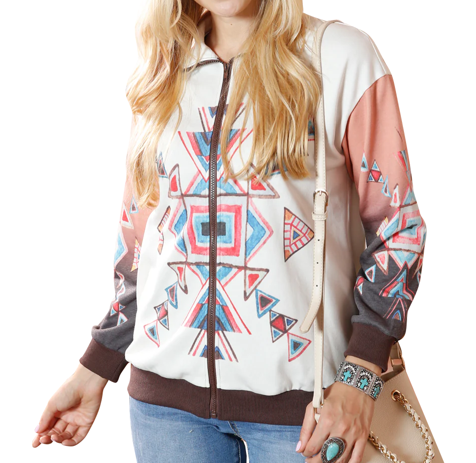 Women's Patchwork Aztec Full Zip Sweatshirt Jacket (Clearance)